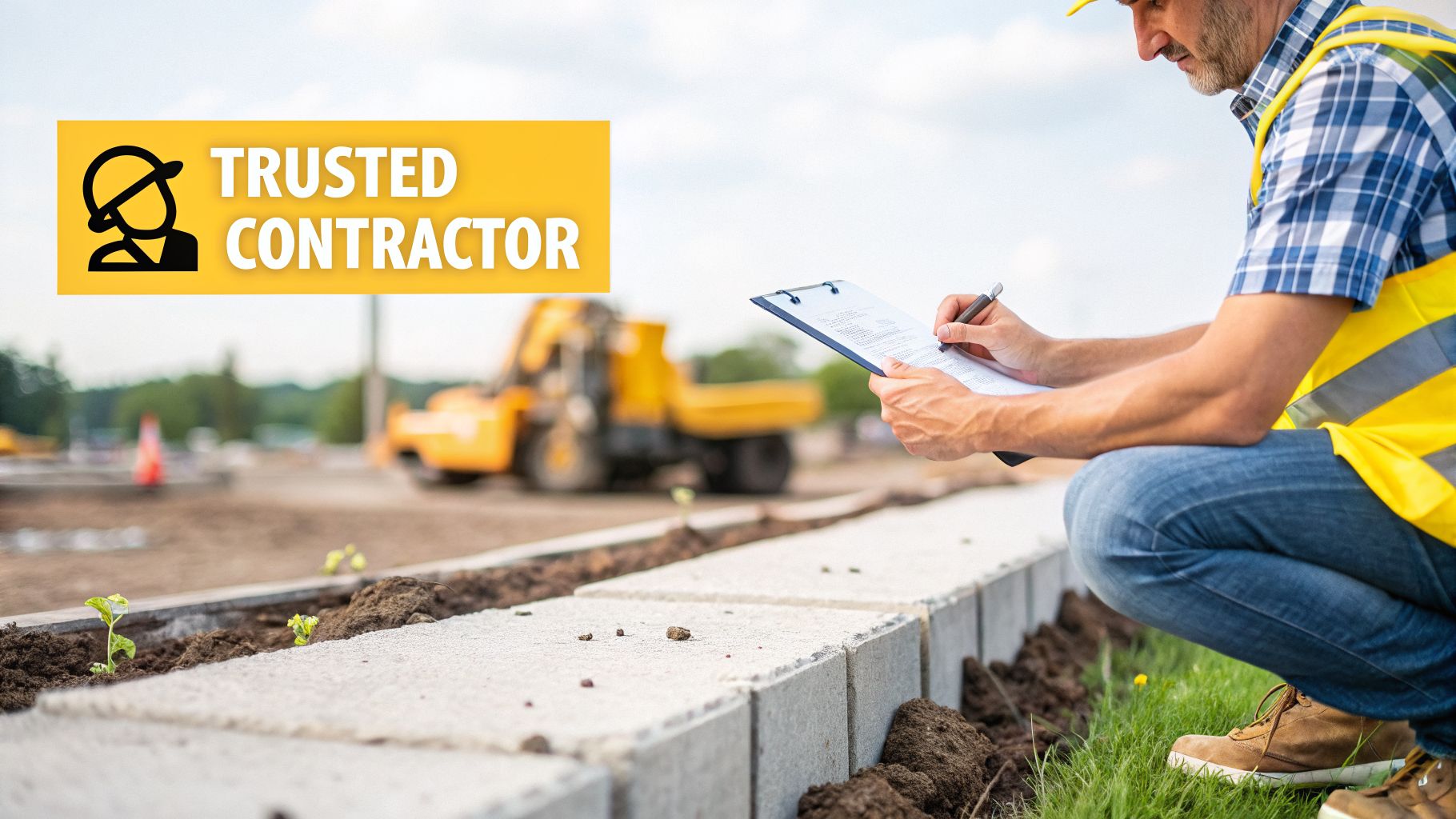 A construction contractor inspecting newly installed concrete kerbs at a building site, writing notes on a clipboard.