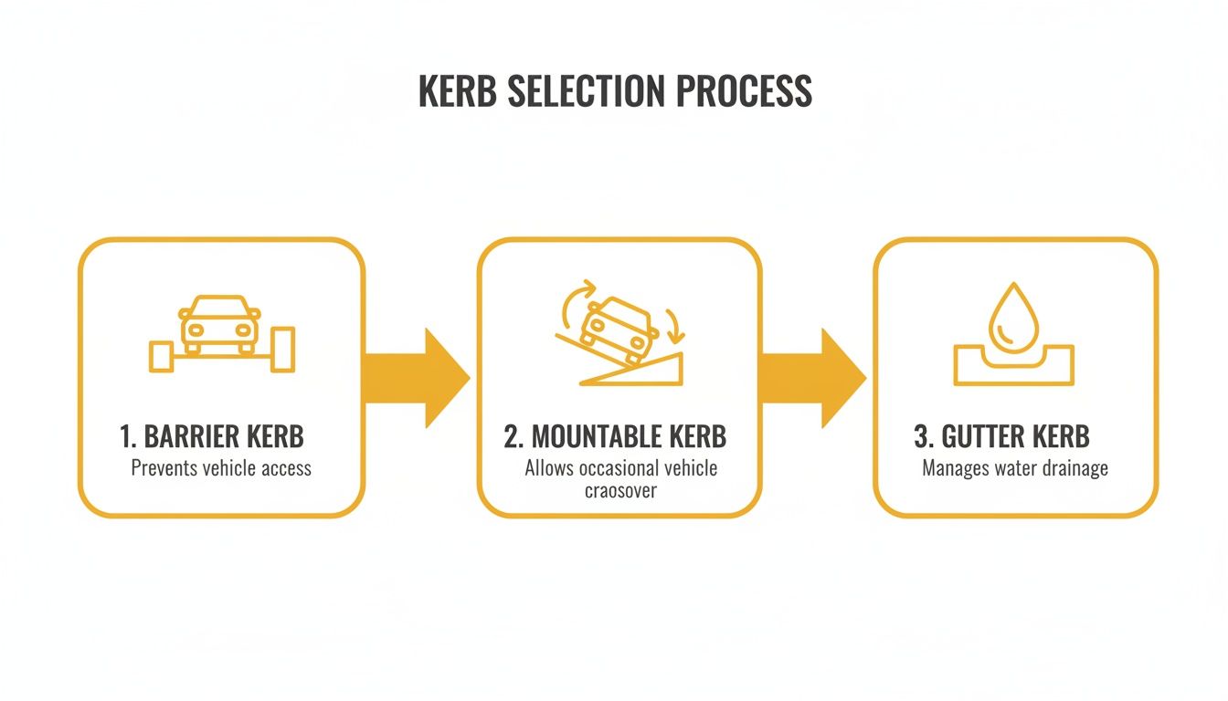 A diagram outlining the kerb selection process, featuring barrier, mountable, and gutter kerbs with their uses.