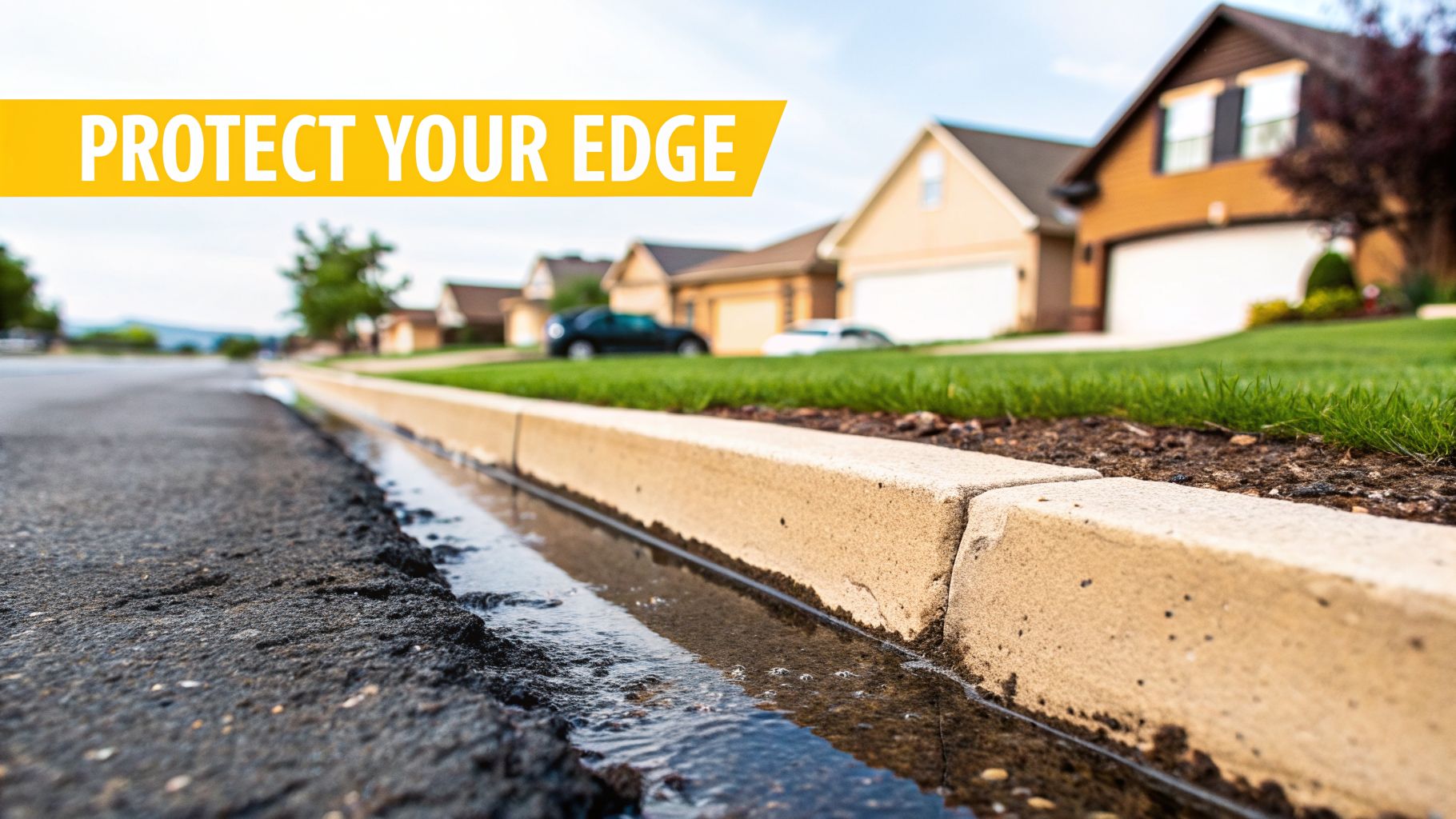 Close-up of a concrete kerb with water flowing in the gutter next to a suburban street.