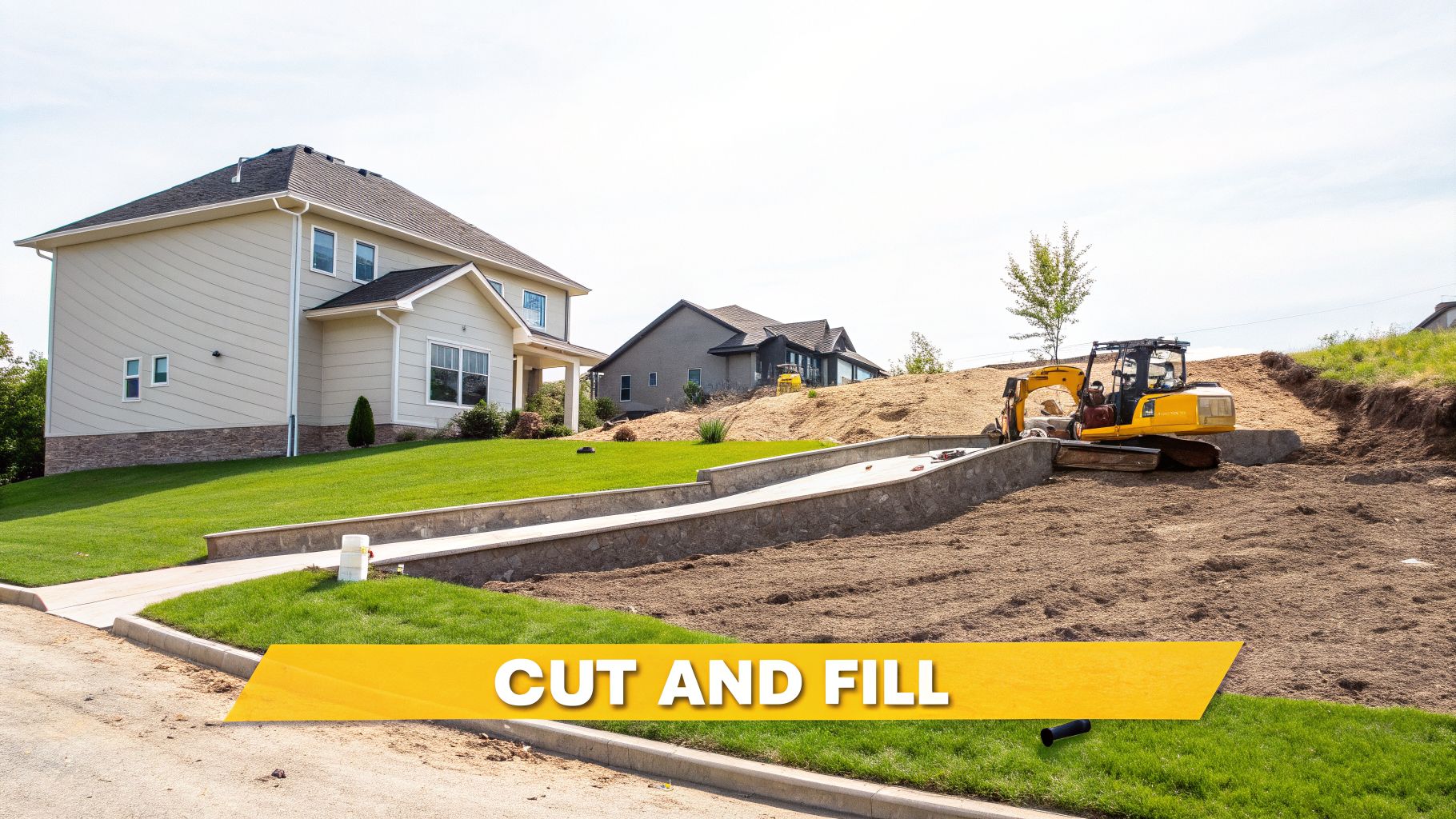 A construction site with an excavator performing cut and fill earthworks, showing a graded slope and new homes.