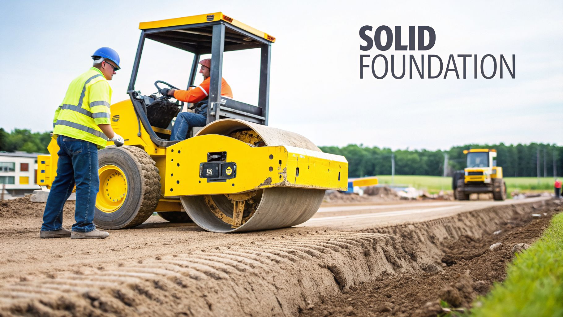 Construction workers operating a yellow road roller to compact ground for a solid foundation.