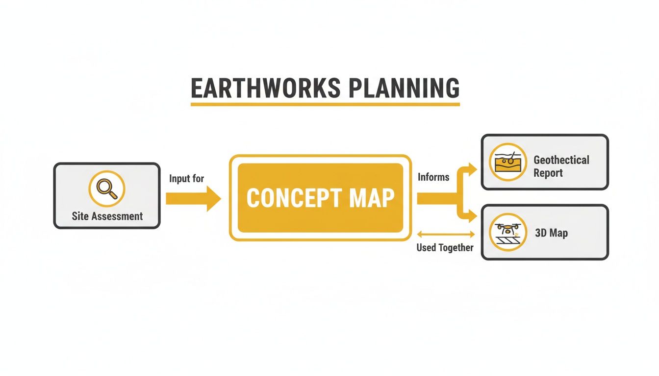 Flowchart illustrating earthworks planning process, from site assessment and concept map to geotechnical reports and 3D maps.
