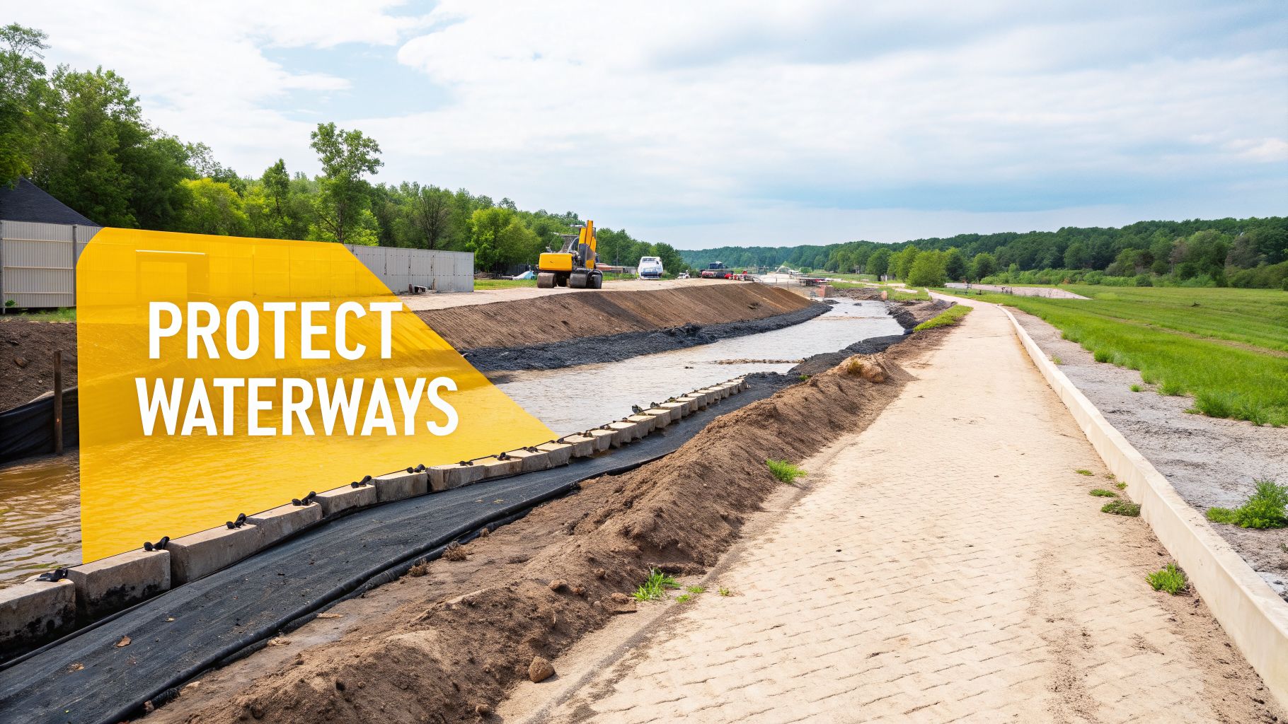 Construction along a waterway with erosion control, an excavator, and a 'PROTECT WATERWAYS' sign.