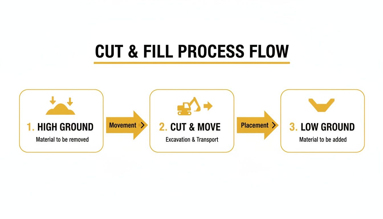 Diagram illustrating the cut and fill process flow: from high ground material removal, through excavation and transport, to low ground material placement.