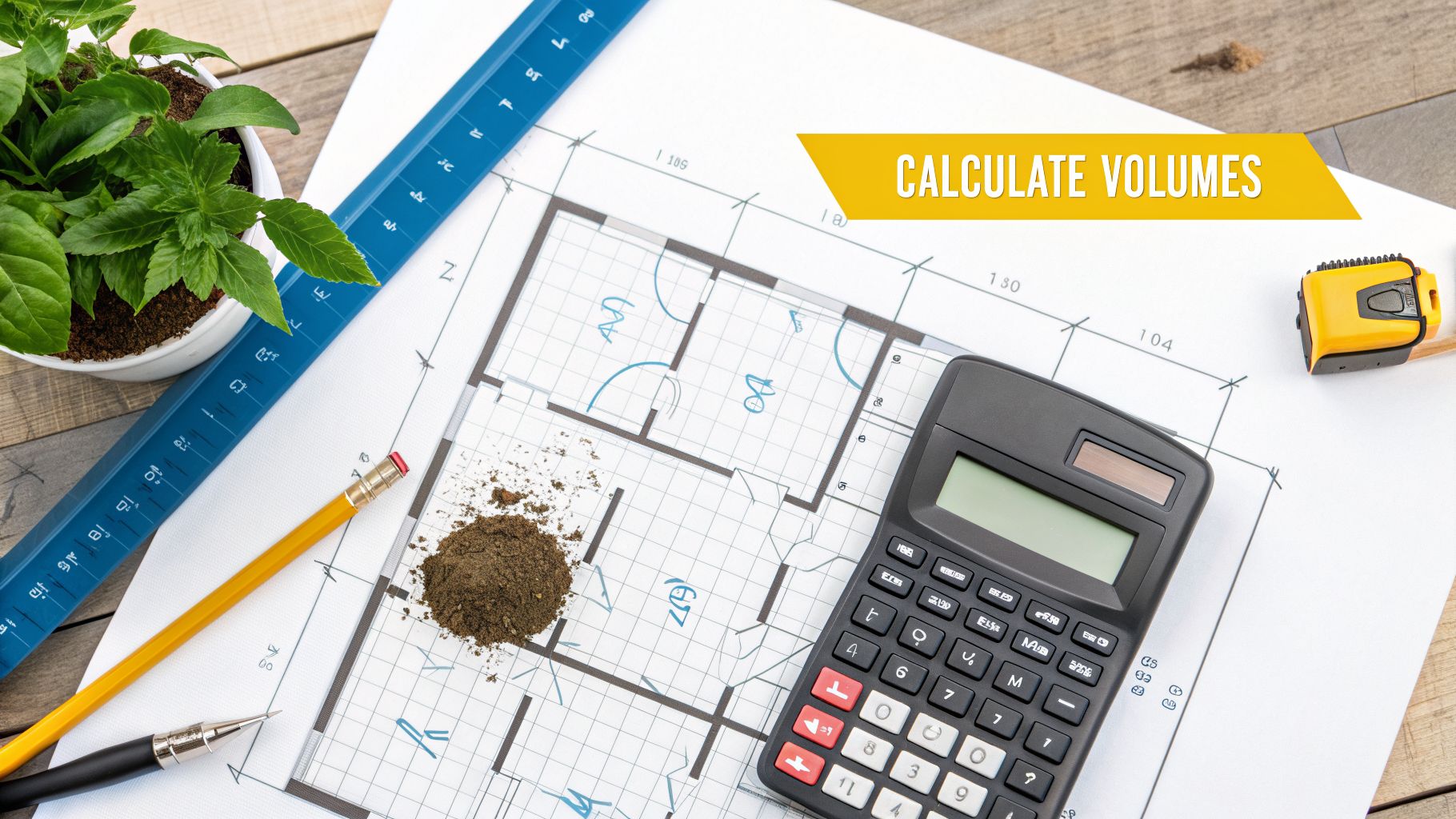 Overhead shot of a blueprint, calculator, ruler, pencil, soil, and text 'CALCULATE VOLUMES'.