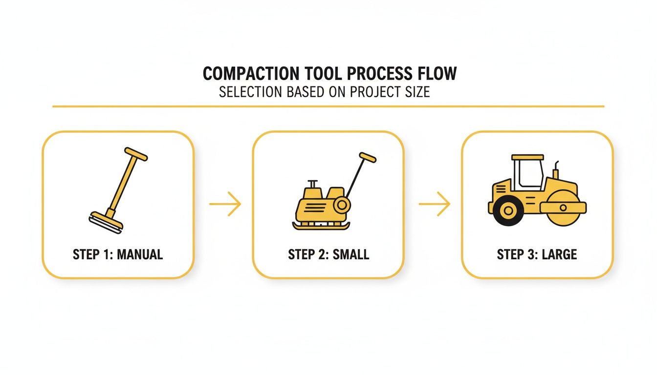 A flow chart illustrating compaction tool selection based on project size, from manual to small to large.