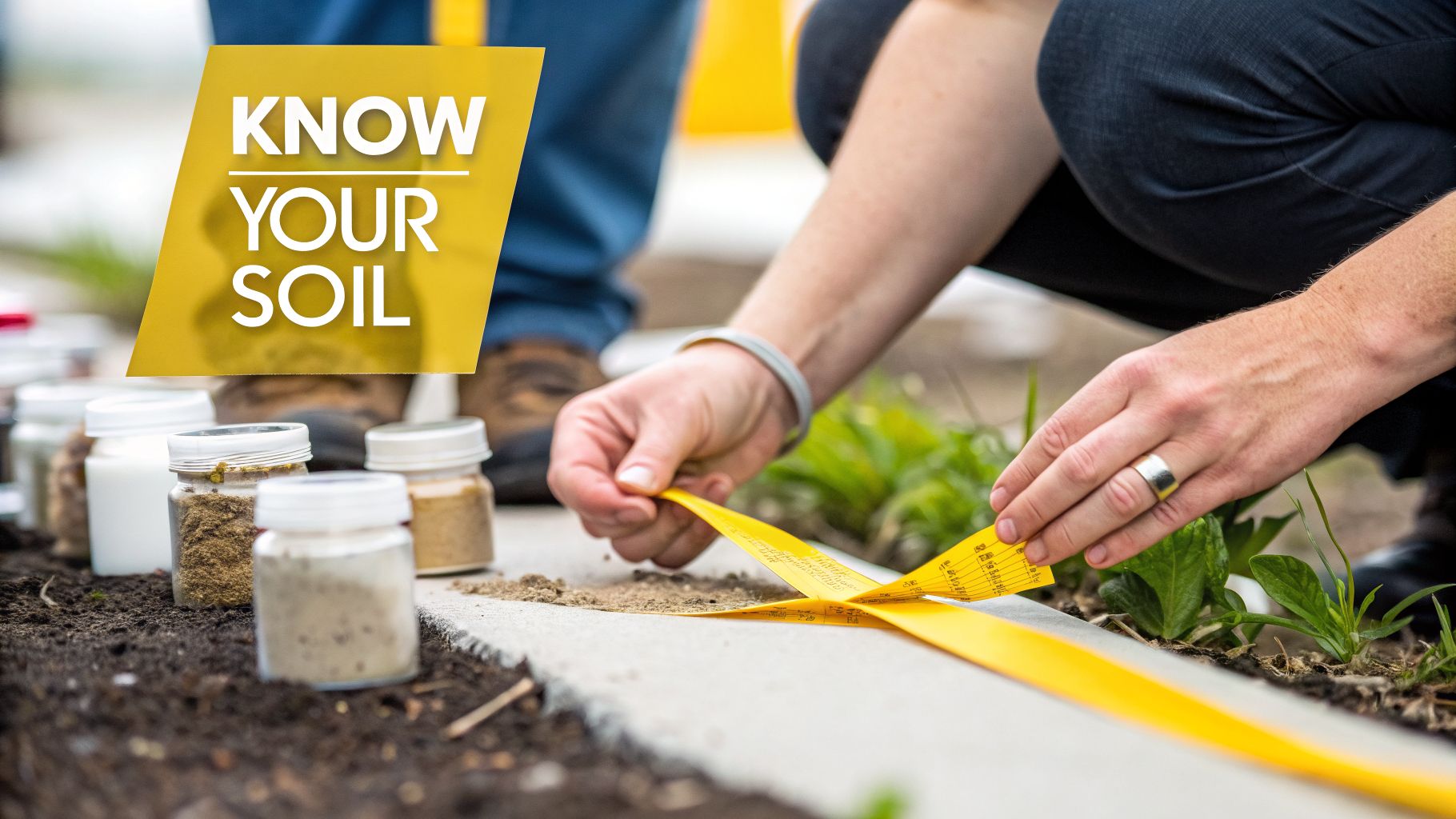 Hands measuring soil with a yellow tape, surrounded by various soil samples, with 'Know Your Soil' text.