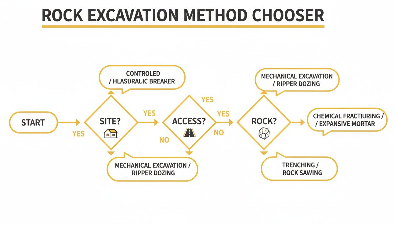 Flowchart diagram illustrating a rock excavation method chooser based on site, access, and rock characteristics.