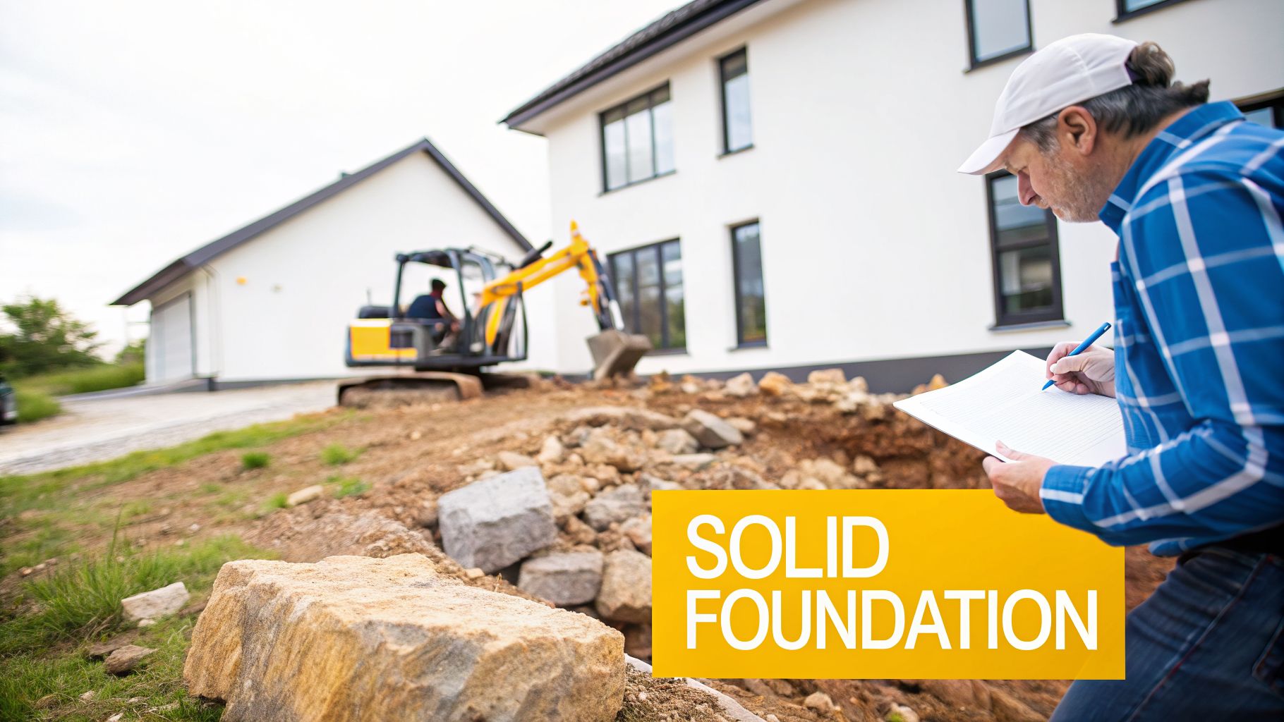 A man reviews plans at a construction site with an excavator and a new house, emphasizing a solid foundation.