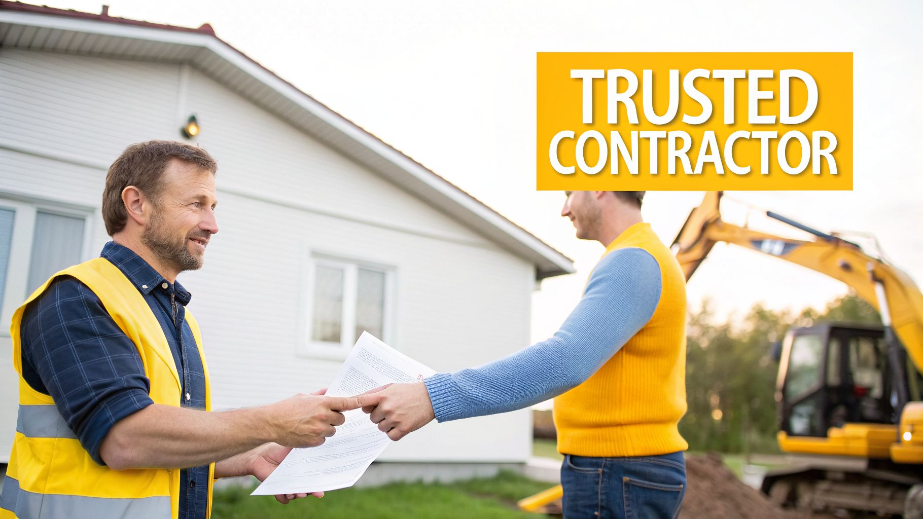Two construction workers or contractors discussing building plans in front of a house with an excavator, a "Trusted Contractor" sign overlay.