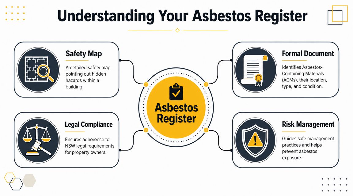 A diagram explaining an Asbestos Register for property owners in New South Wales, highlighting safety and compliance.