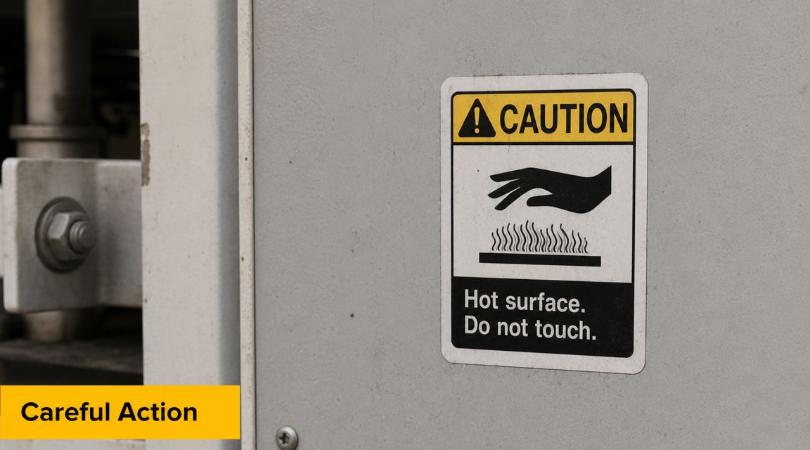 A safety caution sticker on a grey metal machine warning that the surface is hot.