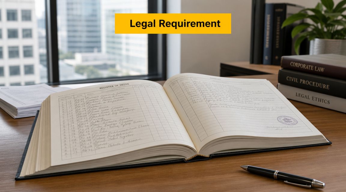 An open legal ledger on a desk next to a pen and law books in a bright office.