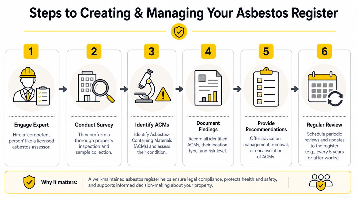 A flowchart detailing six steps for creating and managing an asbestos register for property safety compliance.