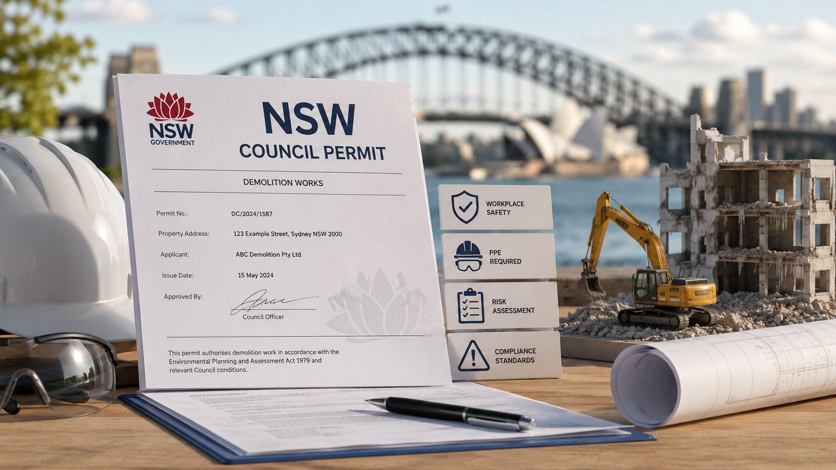 A NSW council demolition permit document on a desk with a model excavator and Sydney skyline.