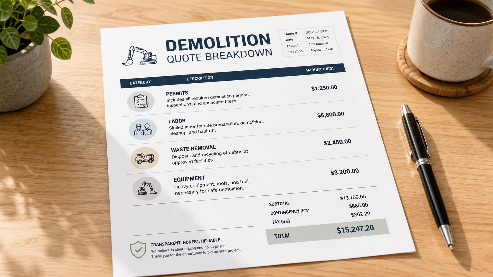 A detailed demolition quote breakdown document placed on a wooden desk next to a pen and coffee.