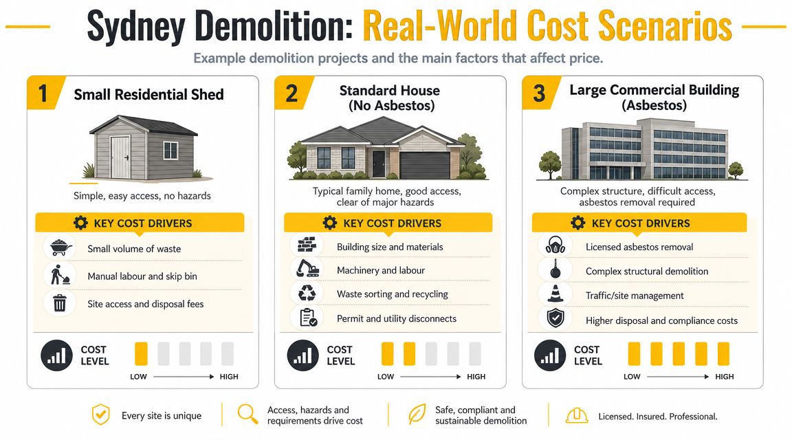 An infographic illustrating three Sydney demolition cost scenarios ranging from a simple shed to a large building.
