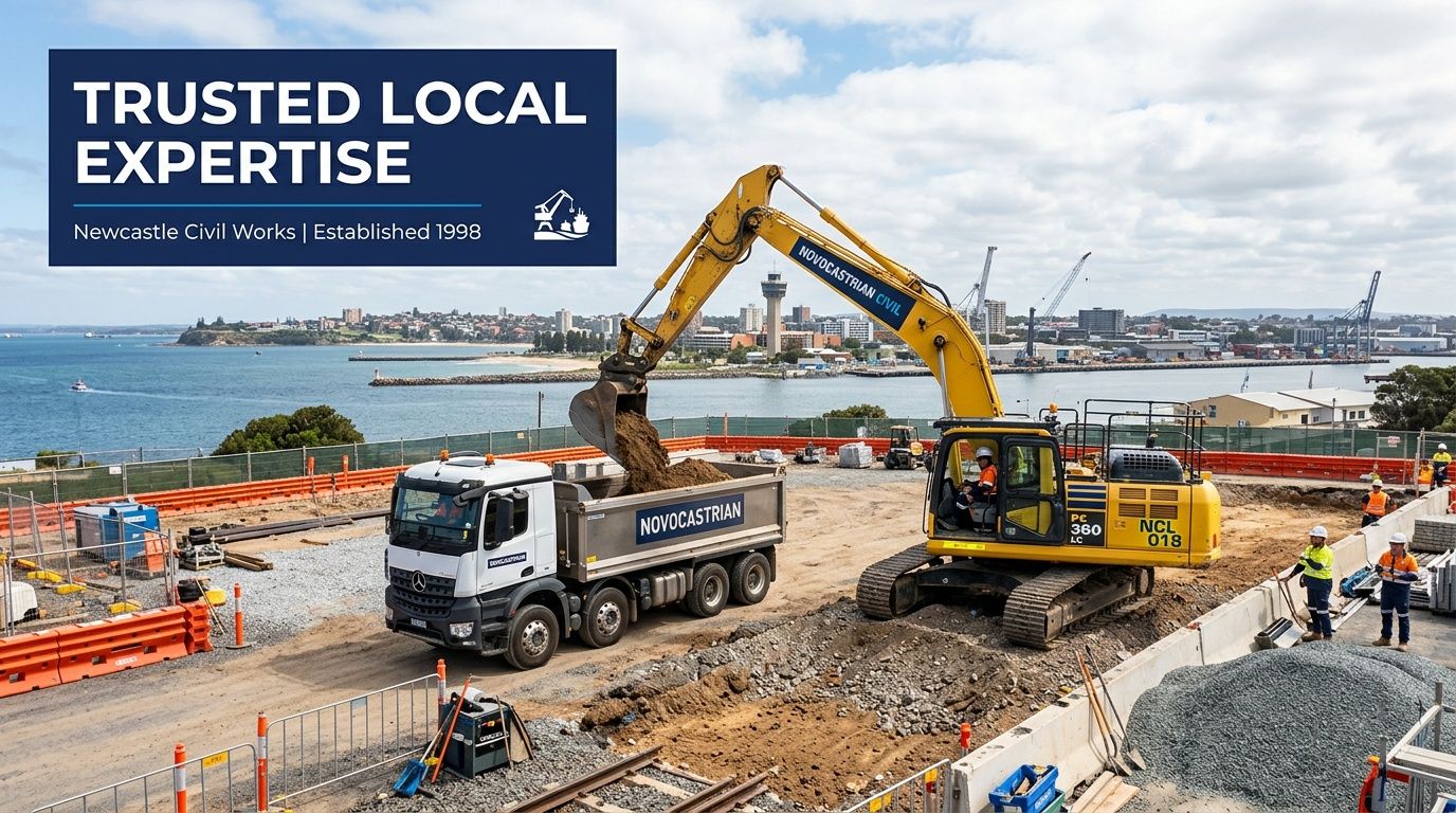 A large yellow excavator loading dirt into a Novocastrian Civil dump truck at a construction site in Newcastle.