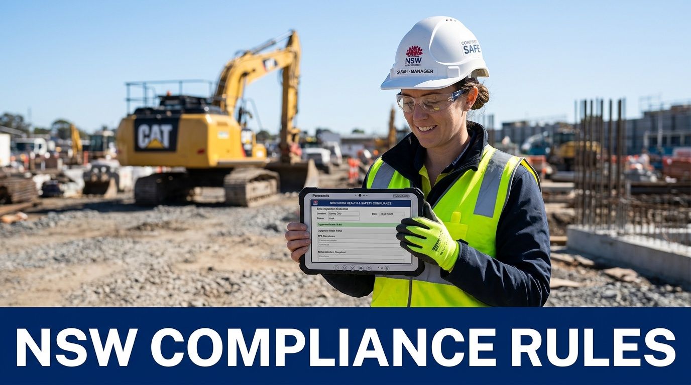 A construction manager in safety gear holding a tablet for compliance inspections on a busy work site.