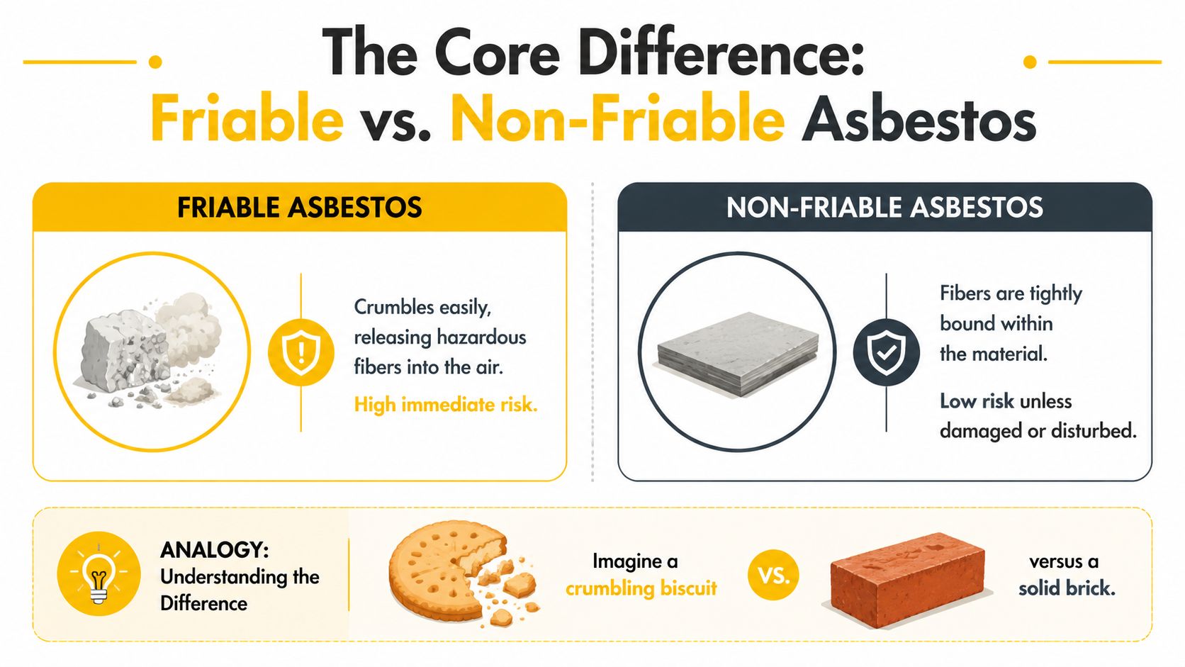 An infographic comparing friable and non-friable asbestos, using a crumbling biscuit and solid brick as an analogy.
