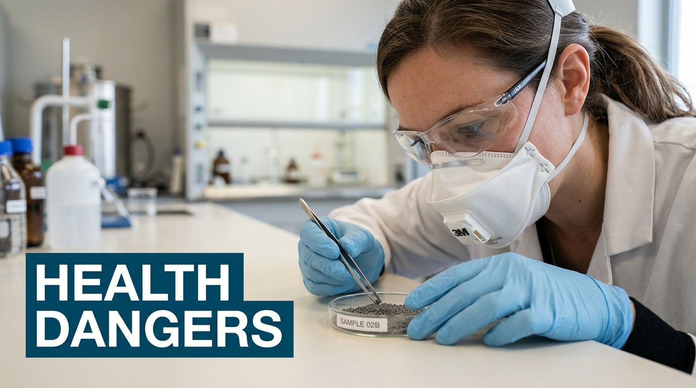 A laboratory scientist wearing protective gear examines a small sample of metallic particles with tweezers.