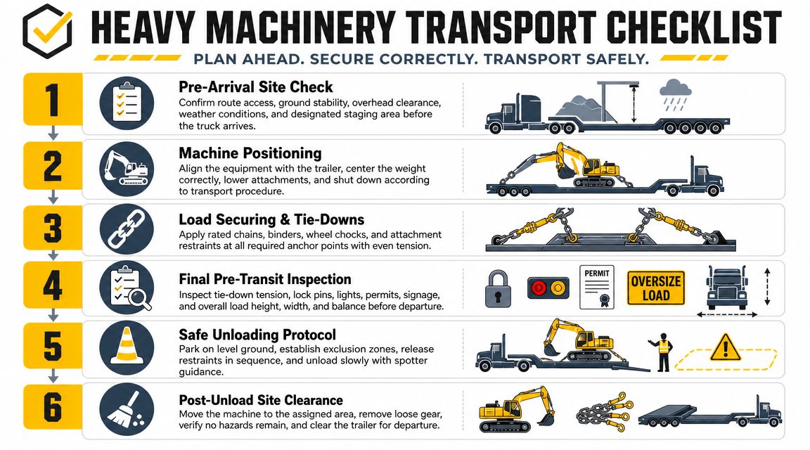 A six-step checklist for the safe and correct transport of heavy machinery on construction trailers.