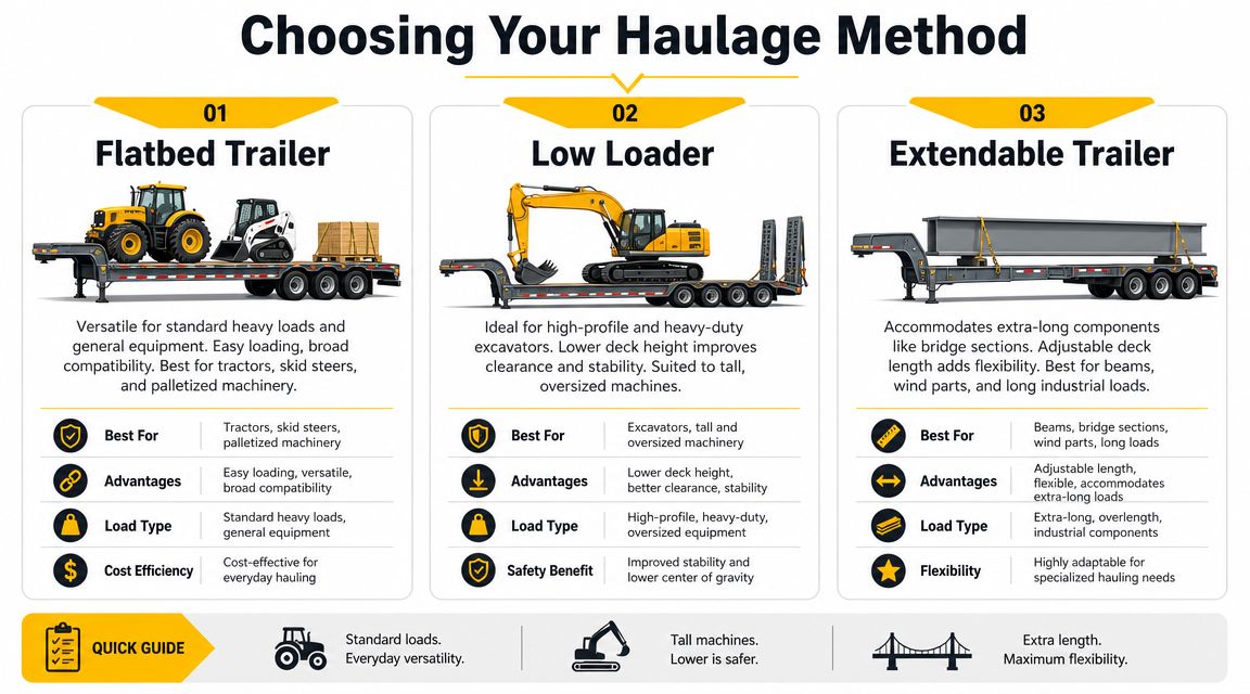 An infographic comparing different types of trailers used for heavy machinery transport including flatbeds, low loaders, and extendables.