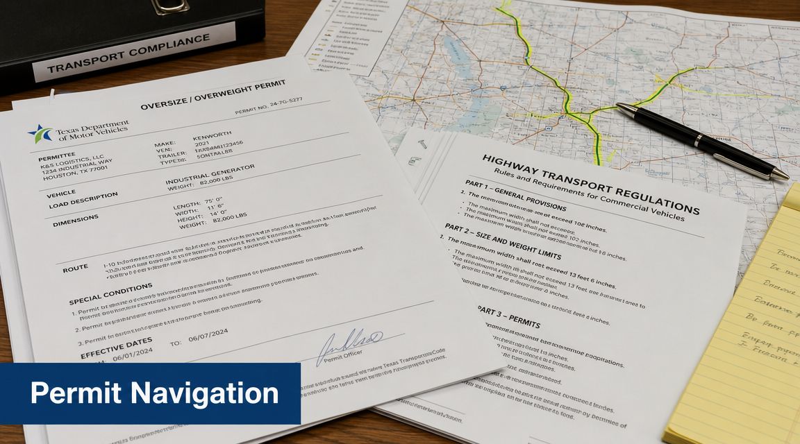 An oversized load transport permit document alongside a map and regulations for commercial vehicles on a desk.