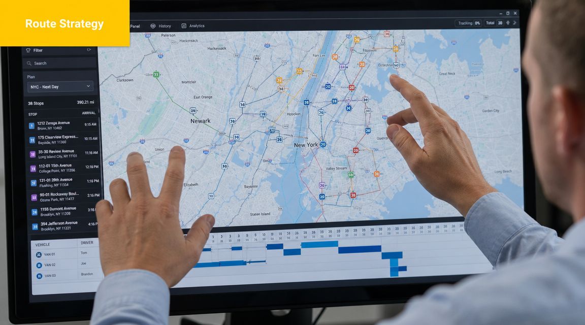 A professional analyzing a complex digital logistics route map on a computer screen in an office.