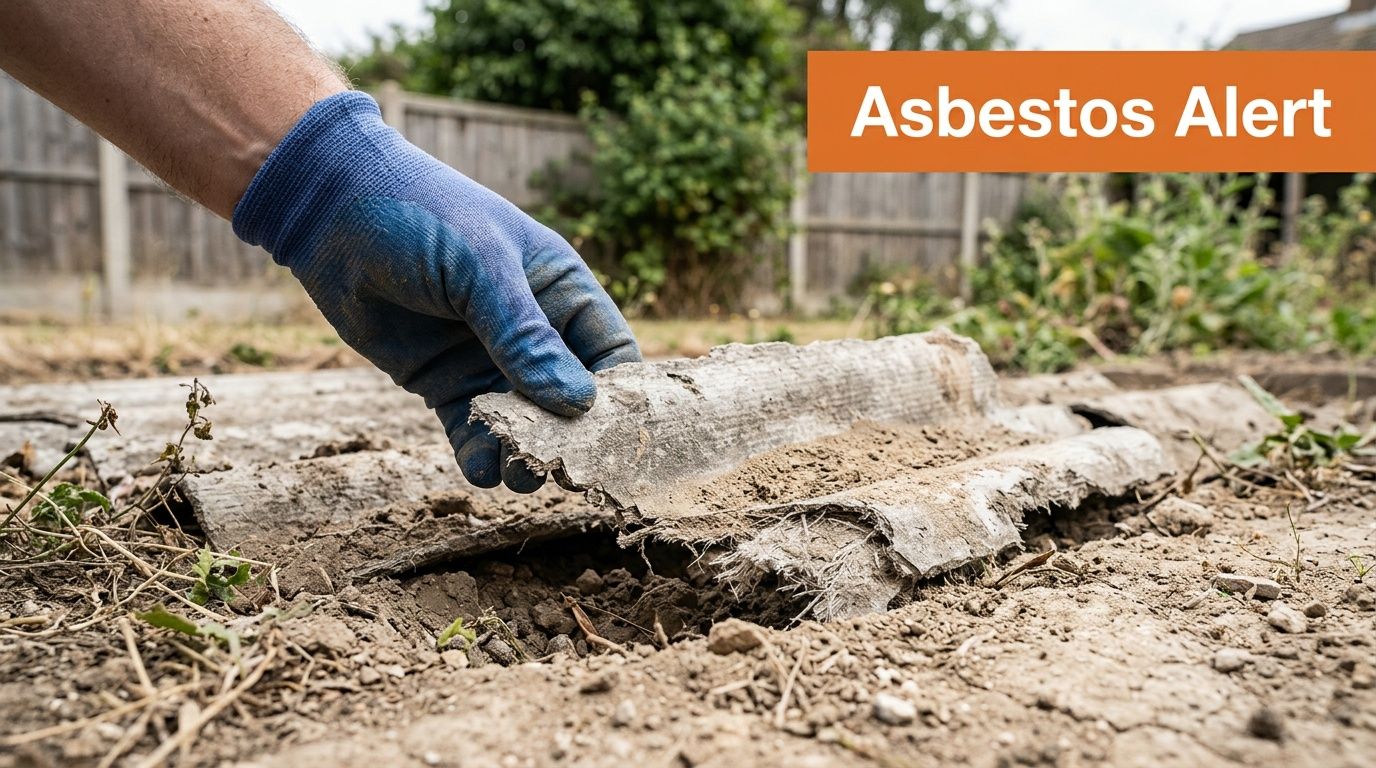 A gloved hand picking up a piece of hazardous asbestos sheeting from the garden soil.