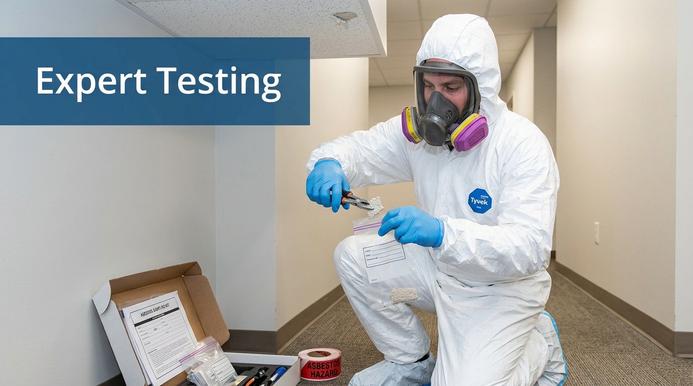 A professional in protective gear collecting an asbestos sample for expert environmental testing and analysis.