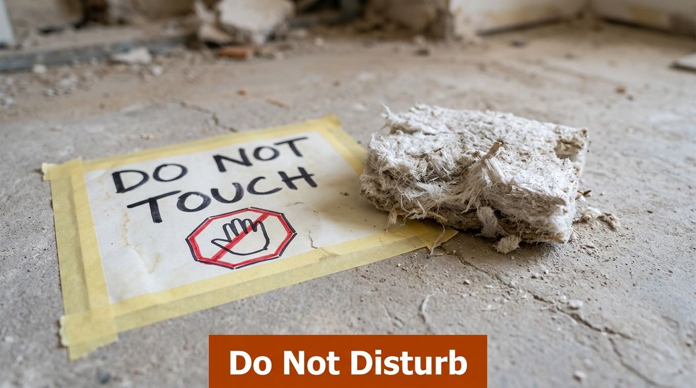 A warning sign reading Do Not Touch placed next to suspicious fibrous insulation material on a dusty floor.