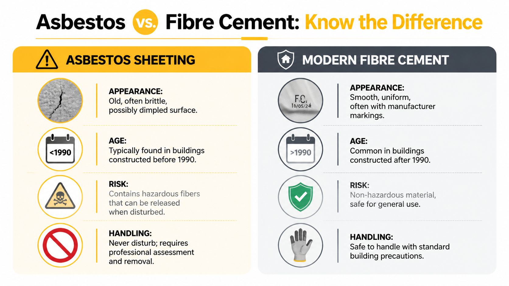 A comparison chart showing key differences between hazardous asbestos sheeting and safe modern fibre cement building materials.