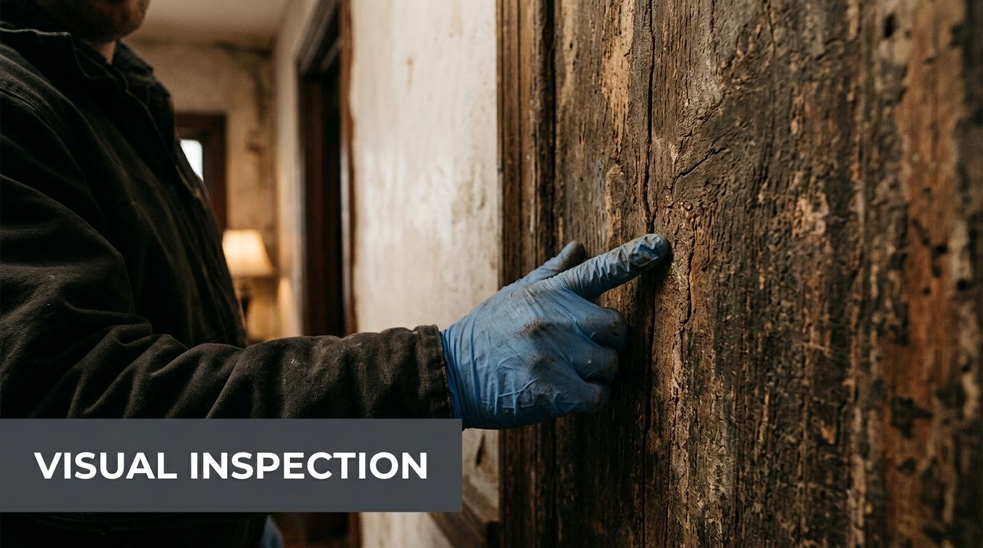 A professional in workwear and blue gloves performs a visual inspection of damaged wall paneling indoors.