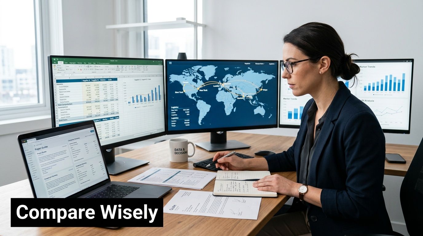 A professional business woman working at her desk with multiple monitors analyzing data and market trends.