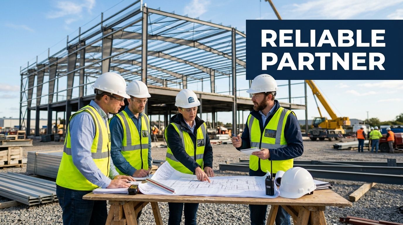 A group of professional engineers in hard hats reviewing construction plans at an active building site.