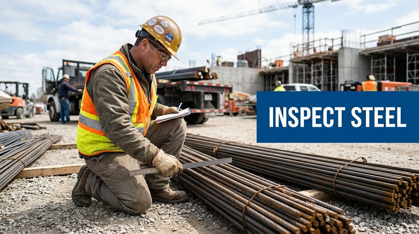 A construction inspector kneeling on a gravel site, carefully measuring and checking bundles of reinforcement steel bars.