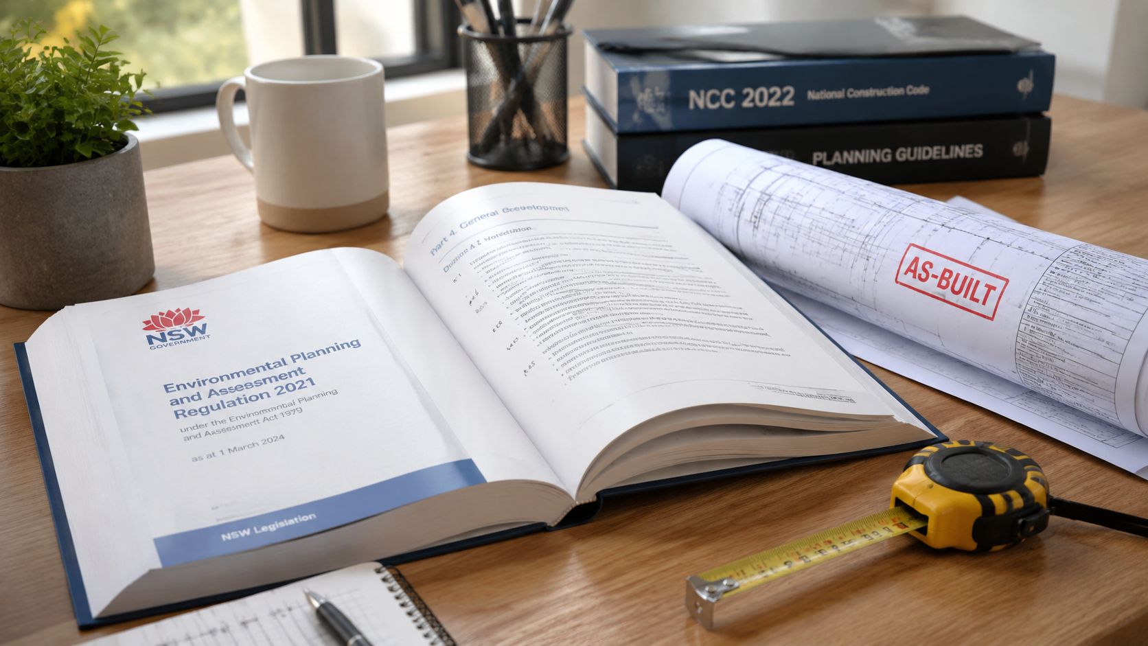 A wooden desk featuring the Environmental Planning and Assessment Regulation, as-built construction drawings, and various office tools.