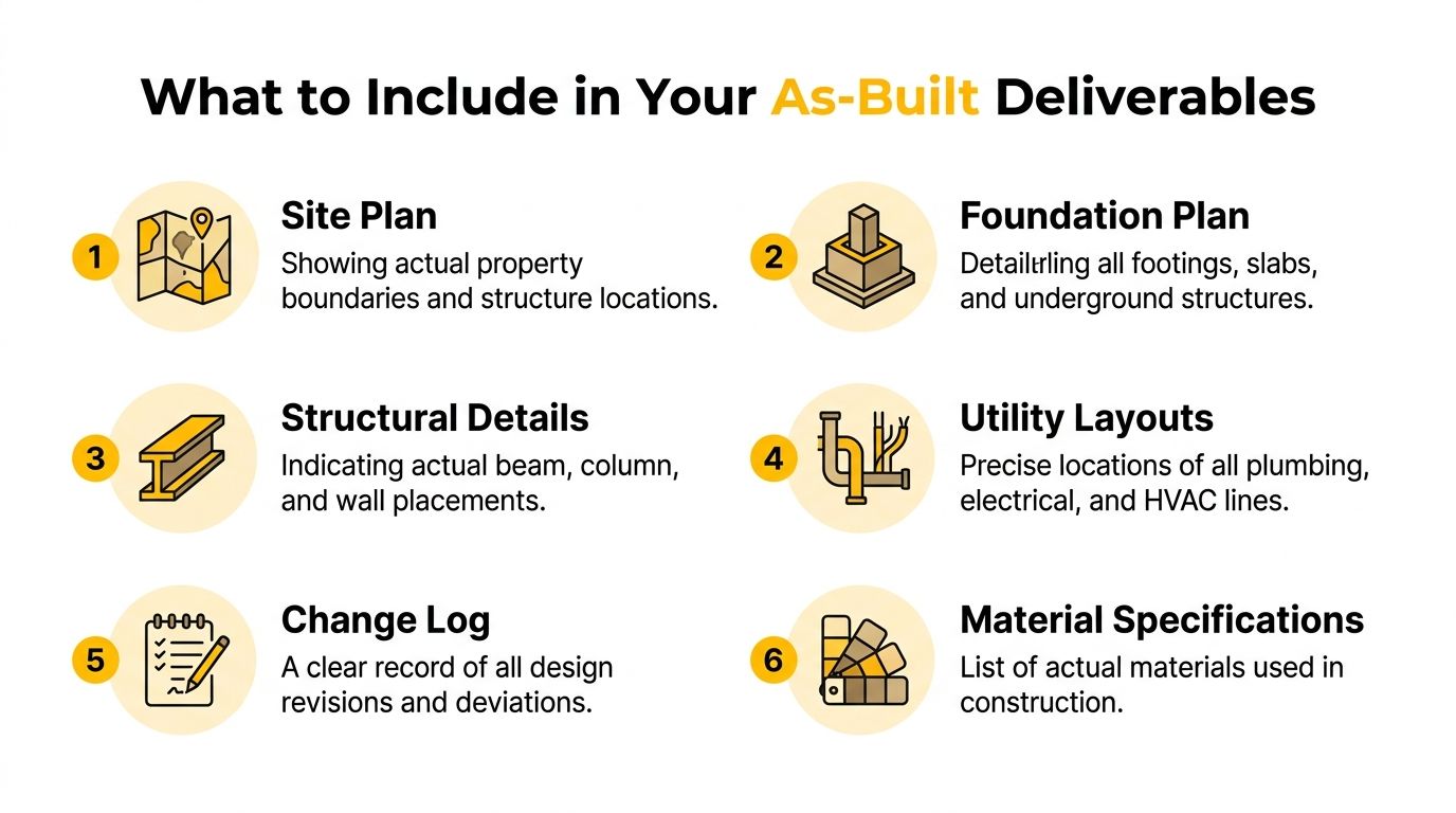 A list graphic illustrating the essential documents to include in professional as-built construction project deliverables.
