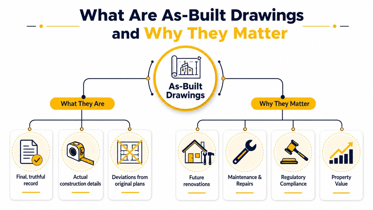 A diagram explaining as-built drawings, detailing what they are and why they are important for construction projects.