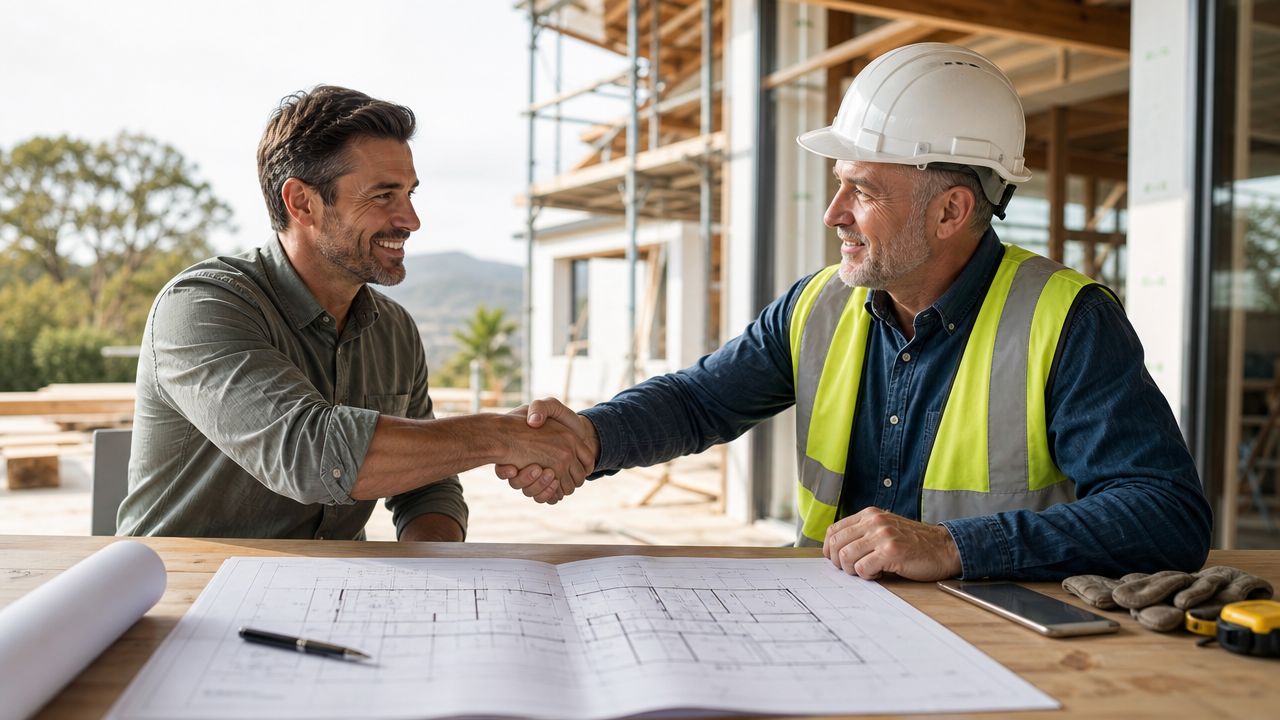 A professional construction contractor and a client shaking hands over architectural blueprints at a building site.