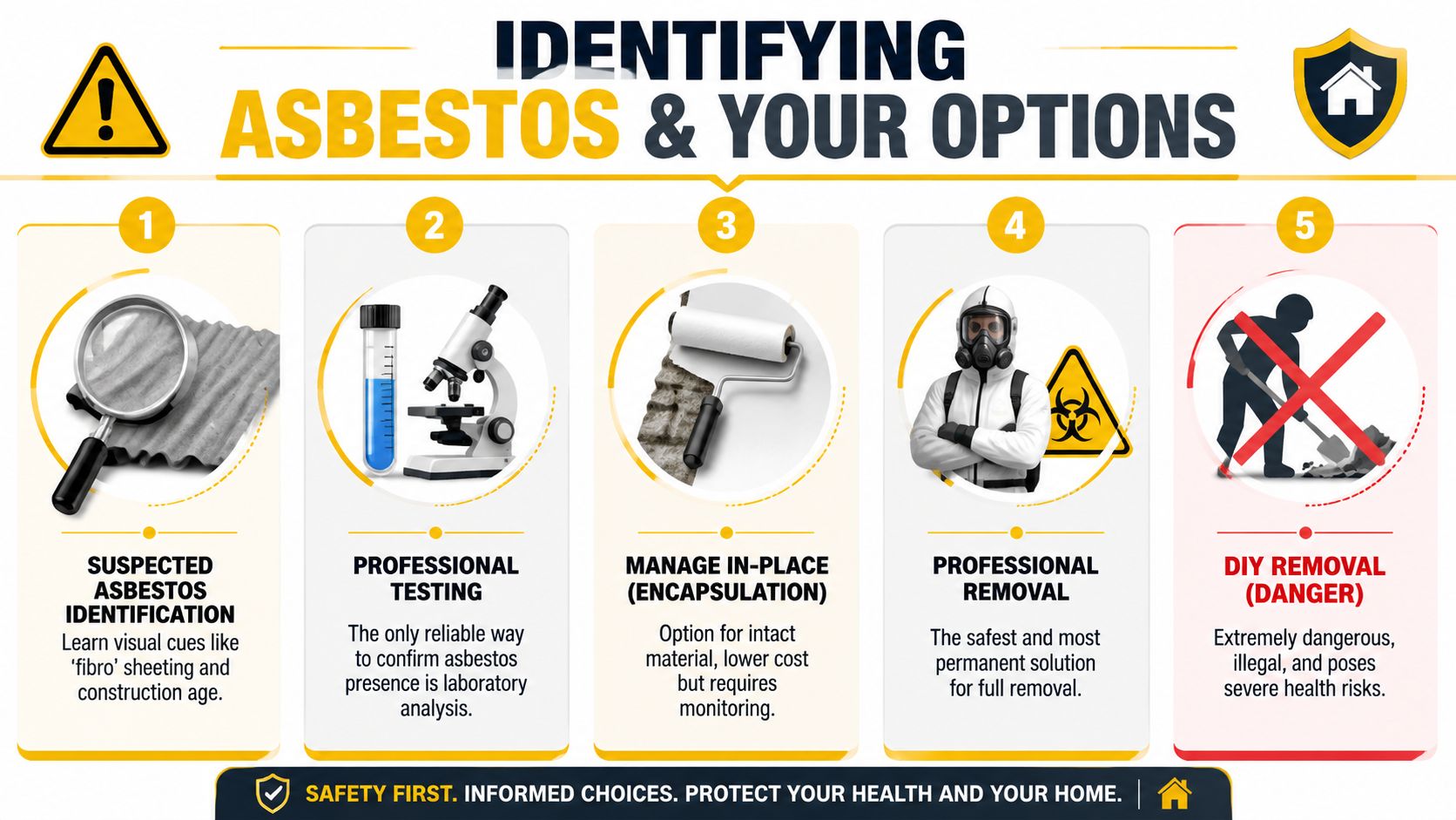 An infographic detailing five steps for identifying and safely managing or removing asbestos materials from homes.