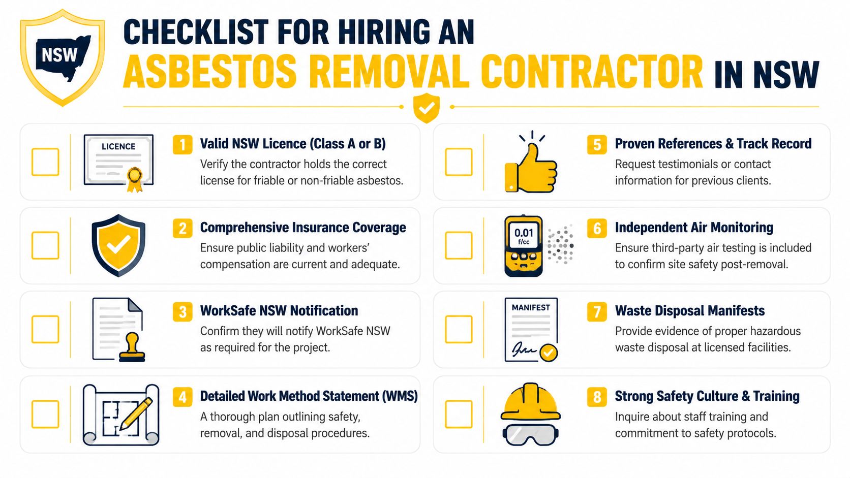 A professional infographic checklist for hiring a certified asbestos removal contractor in New South Wales, Australia.