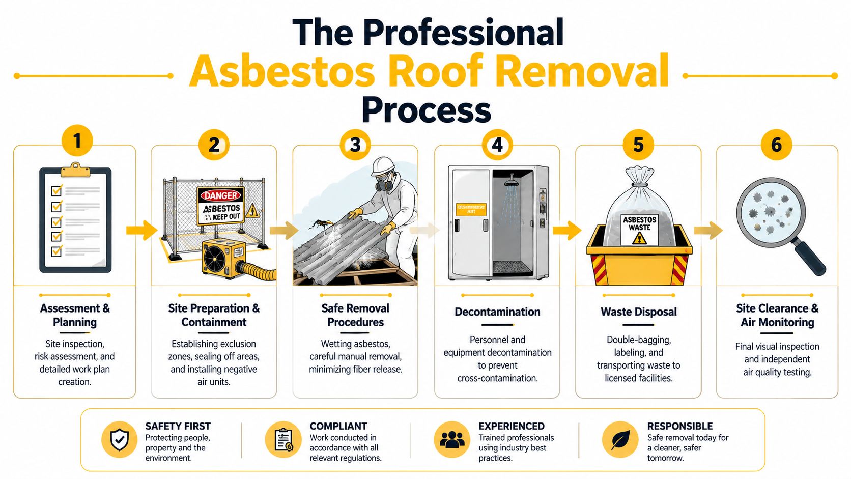 A six-step infographic illustrating the professional asbestos roof removal process, including assessment, containment, removal, and decontamination.