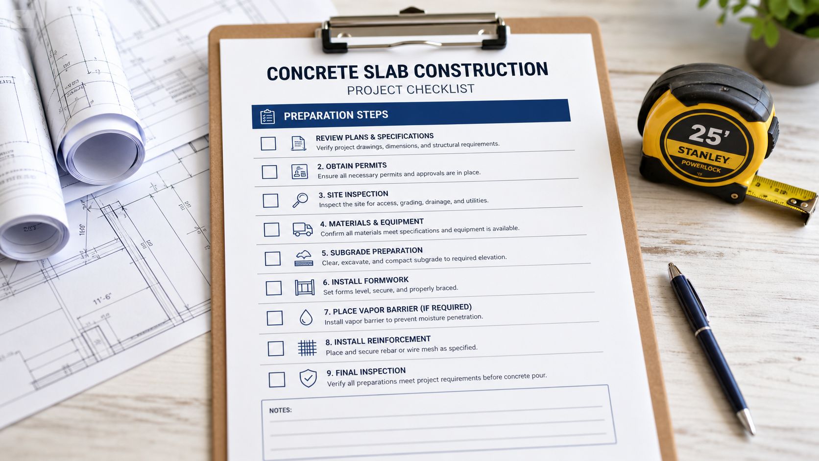 A clipboard with a concrete slab construction checklist placed next to blueprints, a tape measure, and a pen.