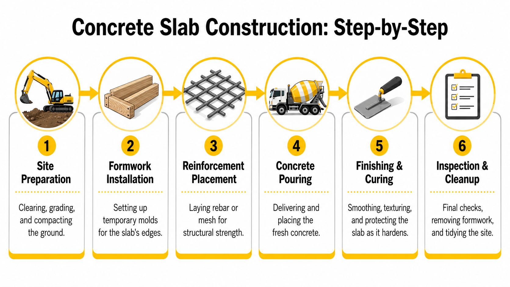 A six-step infographic illustrating the construction process of a concrete slab from preparation to final inspection.