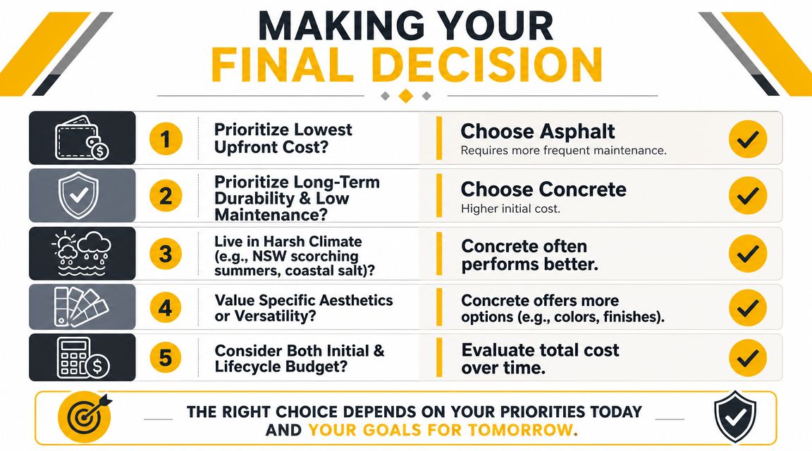 A comparison chart showing factors to consider when choosing between asphalt and concrete driveways for your property.