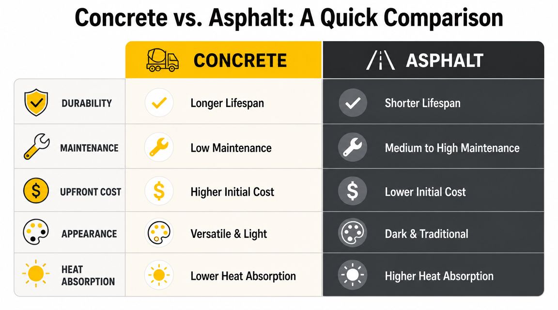 A comparison chart outlining the key differences between concrete and asphalt in terms of durability, maintenance, cost, appearance, and heat absorption.