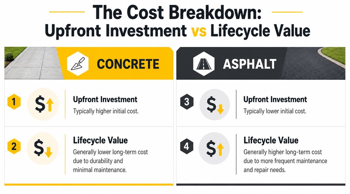 A comparison infographic showing the cost differences between concrete and asphalt driveways for long-term investments.