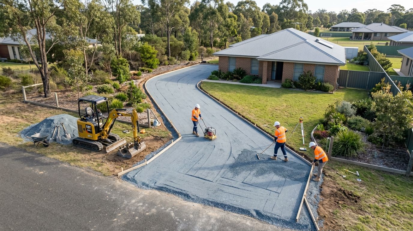 Construction workers leveling and compacting a gravel driveway base for a new concrete pavement installation.